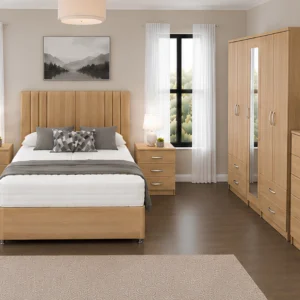 Stylish Bedroom Furniture Collection – King Size Bed, Five Door Full Length Mirror Wardrobe & Four Bottom Drawers