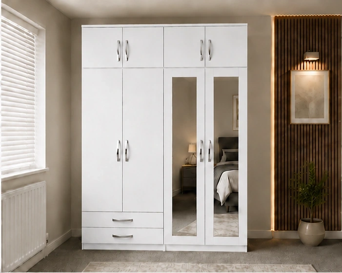 4 Door Bedroom Wardrobe with 4 Drawers and 2 Long Mirrors