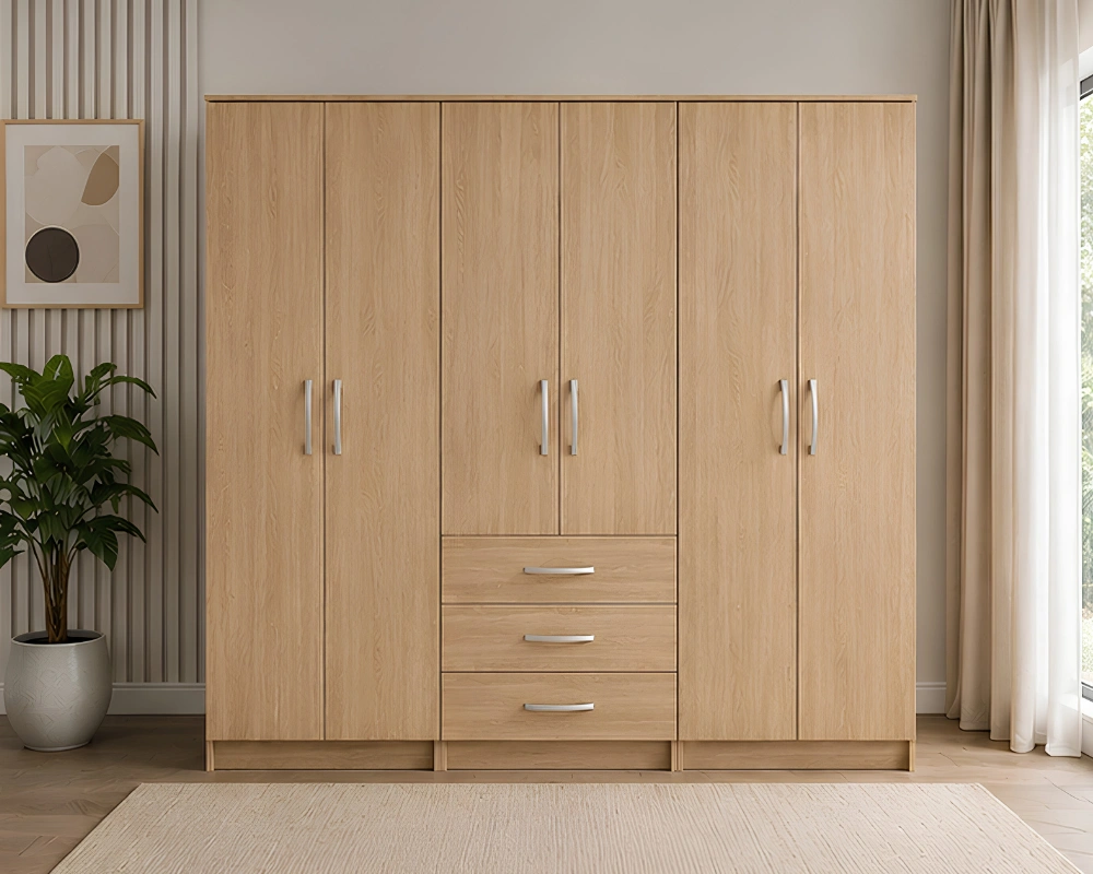 Modern Spacious Wardrobe with Drawers Six Door Design for Complete Storage
