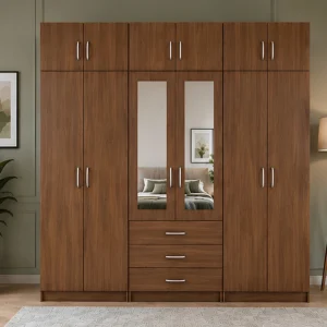 Contemporary 6 Door Bedroom Wardrobe 2 Mirrors with 6 Spacious Drawers