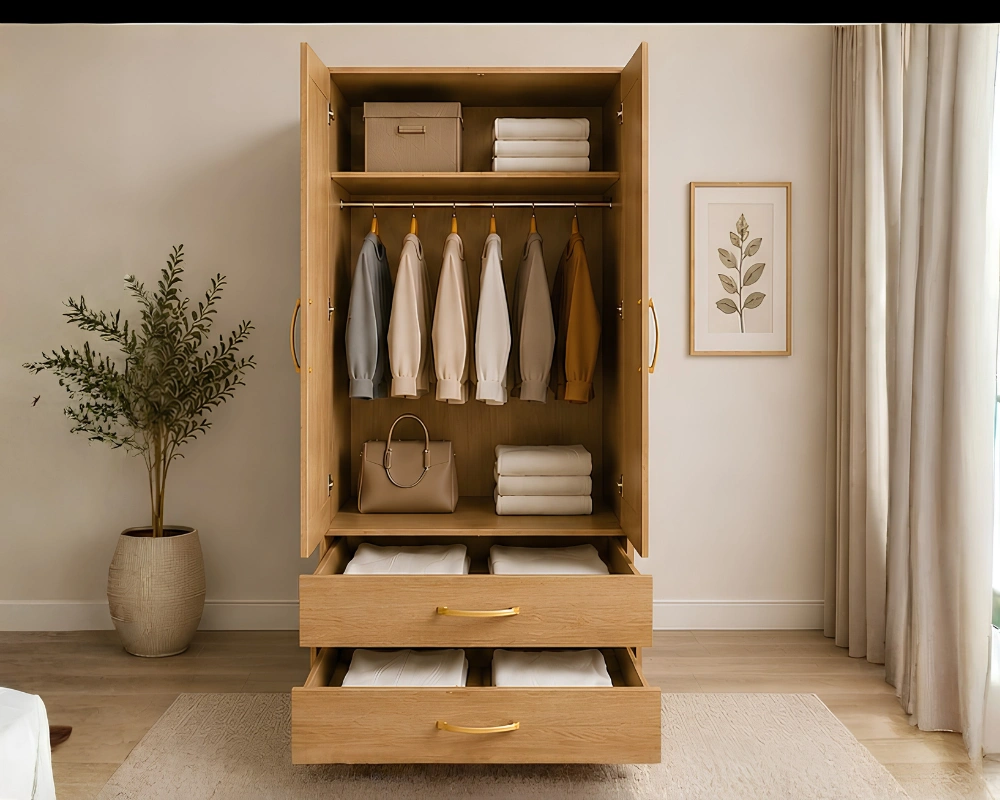 Compact 2 Door Wardrobe with Hanging Rail & Mirror with Oak colors - SpaceSaver Two Door Wardrobe with Dual Mirrors - Image 2