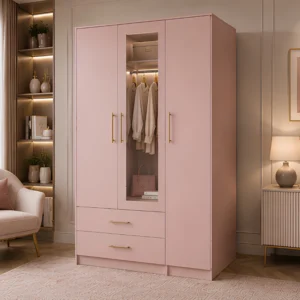 Blush Pink 3 Door Wardrobe with Mirror & 2 Drawers