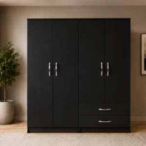 Midnight Black 4 Door Wardrobe – Spacious Storage with Drawers