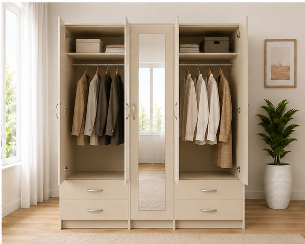 Spacious 5 Door Bedroom Wardrobe | Mirror Door with 4 Storage Drawers - Image 4