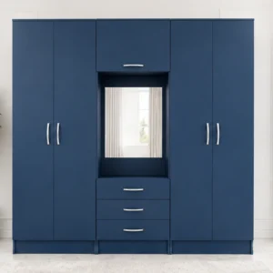 Ocean Blue 6 Door Wardrobe with Centre Mirror – Stylish Bedroom Storage