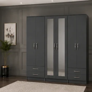 Premium 6 Door Mirrored Wardrobe with Large Storage Capacity and Smooth Drawers | Elegant Modern Bedroom Wardrobe with Full-Length Mirrors and Organised Storage