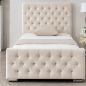 Classic Cream Luxury Single Bed Frame - Florida Velvet 3ft bed with mattress
