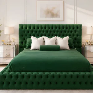 Emerald Green Velvet Double Bed with Mattress – Elegant Bed 160x200cm