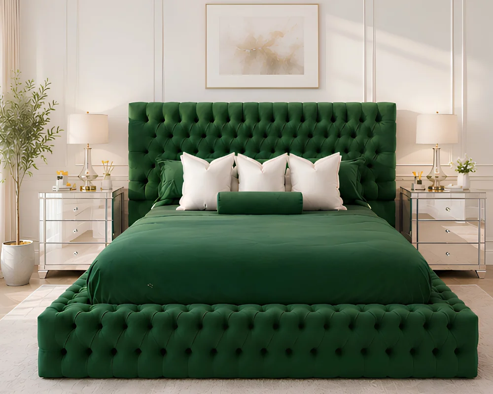 Emerald Green Velvet Double Bed with Mattress – Elegant Bed 160x200cm