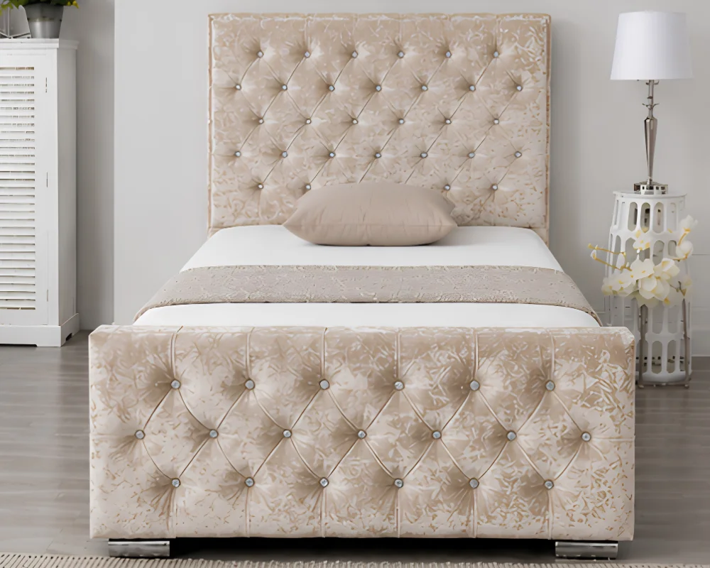 Luxury Soft Beige Florida Single Bed with Mattress -Crystal Button 3ft Bed