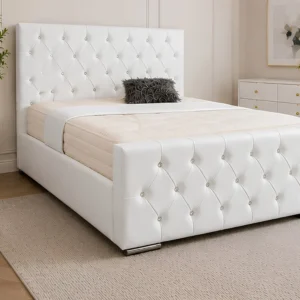 Pure White Florida King Size Bed – 180 × 200 cm 5ft Elegant Tufted Headboard-Kind Bed with Mattress