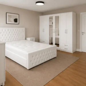 Complete Master Bedroom Furniture Set - Six Door Wardrobe With Four Drawer - Chest of Five Drawers With Two Bed Side Table