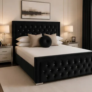 Modern Black Hilton Upholstered Bed with mattress – Elegant 180×200 cm King Size Bed with Mattress