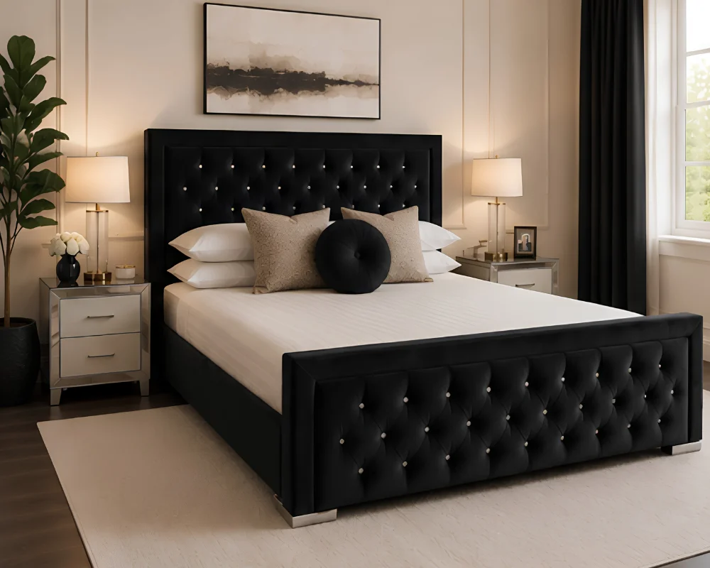 Modern Black Hilton Upholstered Bed with mattress – Elegant 180×200 cm King Size Bed with Mattress
