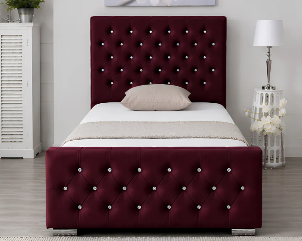 Contemporary Burgundy Velvet Florida Single Bed with mattress -90 × 190 cm Bed