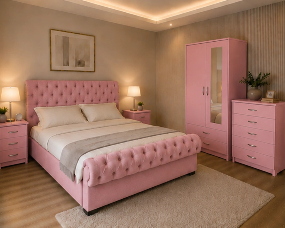 Classic Bedroom Furniture Set - King Size Bed - Two Door Mirror Wardrobe With Bottom Drawer - Chest of Five Drawers - Two Bedside Tables - Image 2