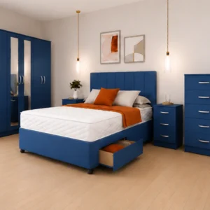 King Size Bed Bedroom Set - 6 Door Mirror Wardrobe With Bottom Drawers - 5 Drawer Chest - Two Bedside Tables
