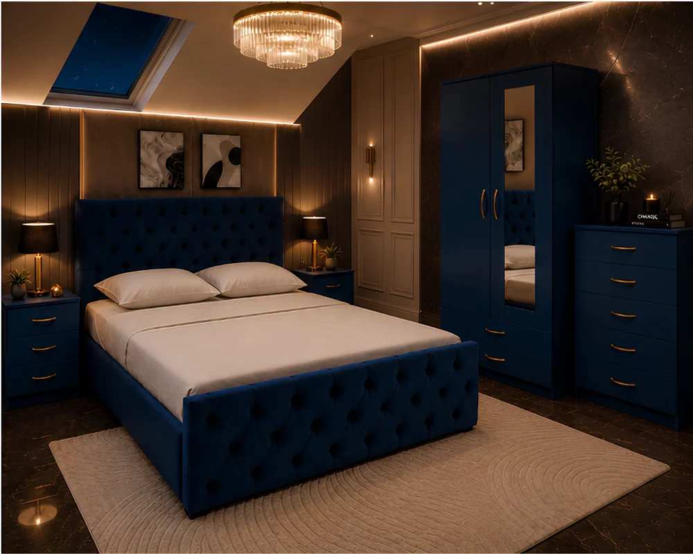 Complete Double Bed Package - 2 Door Mirror Wardrobe With Bottom Drawer - Five Drawer Chest - Bedside Table Set - Image 2