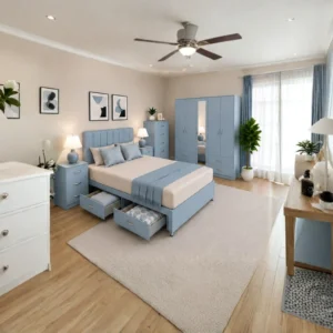 Luxury Bedroom Furniture Package - Four Door Wardrobe With Two Full Length Mirrors And Four Bottom Drawers - Chest of Five Drawers - Bedside Table Pair