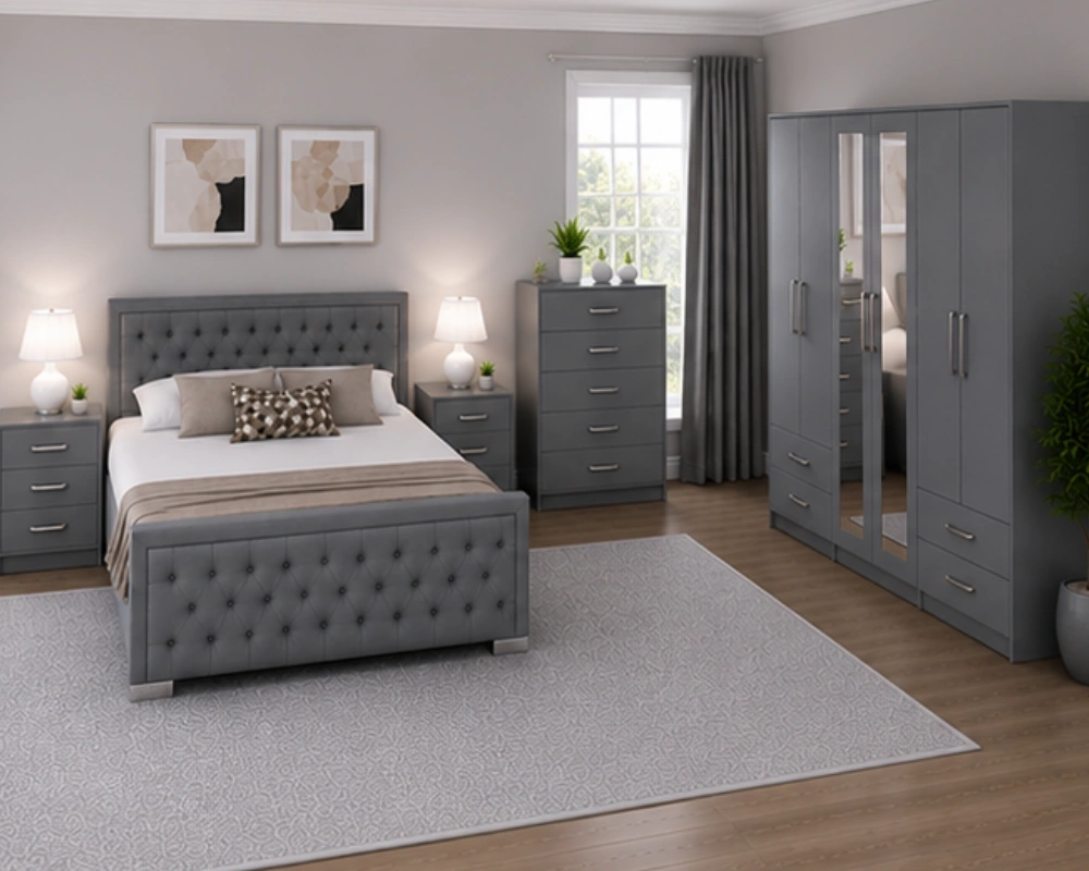 Modern King Bed Set with Four Door Wardrobe With Four Drawer - Chest of Five Drawers With Two Bed Side Table - Image 2