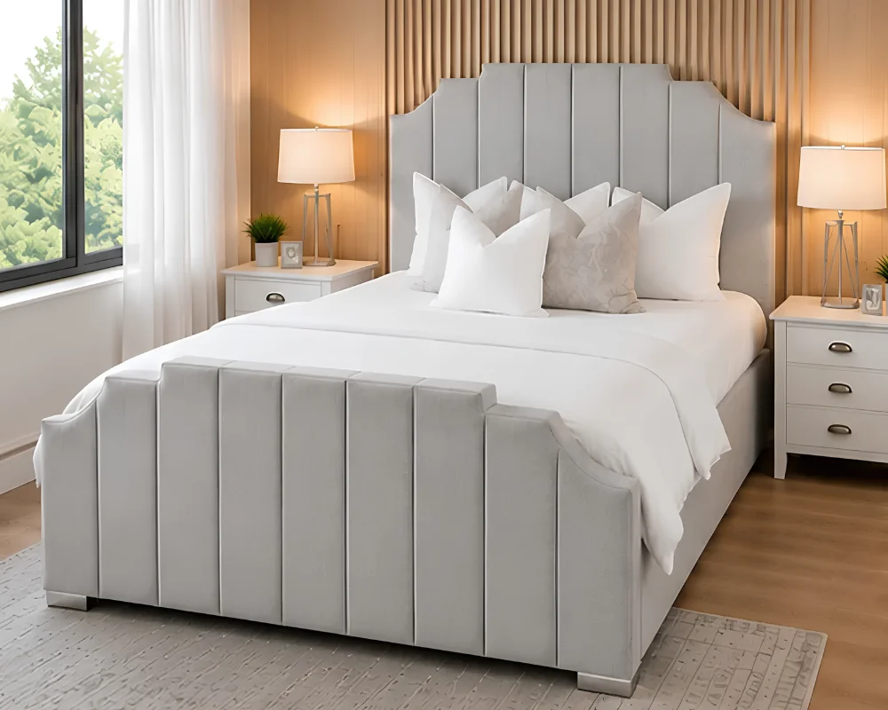 Elegant Light Grey Arizona Double Bed Frame - Velvet & Leather-Bed with Mattress - Image 4