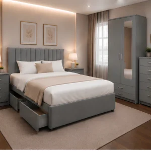 Double Bed Bedroom Collection - Two Door Mirror Wardrobe With Bottom Drawer - Five Drawer Chest - Bedside Table Pair