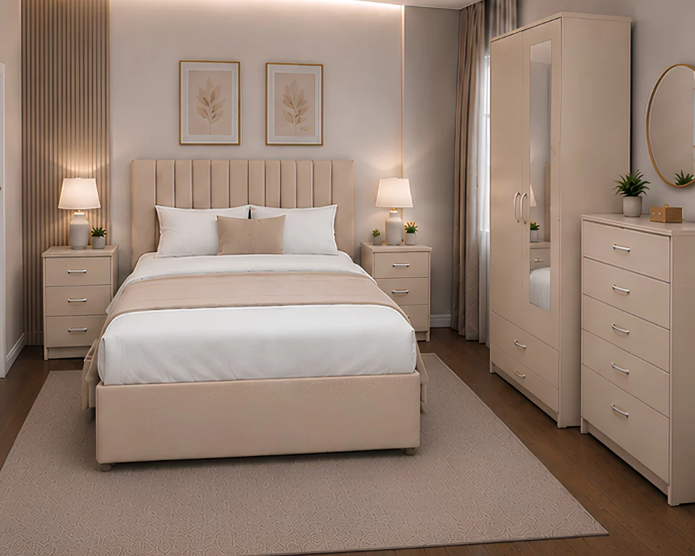 Complete Beige Bedroom Furniture Collection - Bed, Wardrobe, Chest of Drawers & Side Tables - Image 5