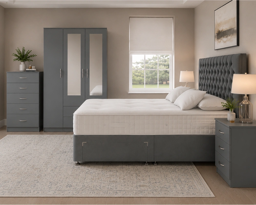 Complete Bedroom Furniture Package - King Size Bed - 3 Door Mirror Wardrobe With Two Bottom Drawers - Five Drawer Chest - Two Bedside Tables - Image 5