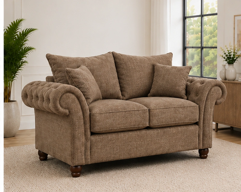 Luxury Brown 2 Seater Sofa – Classic Chesterfield Fabric Lounge Sofa
