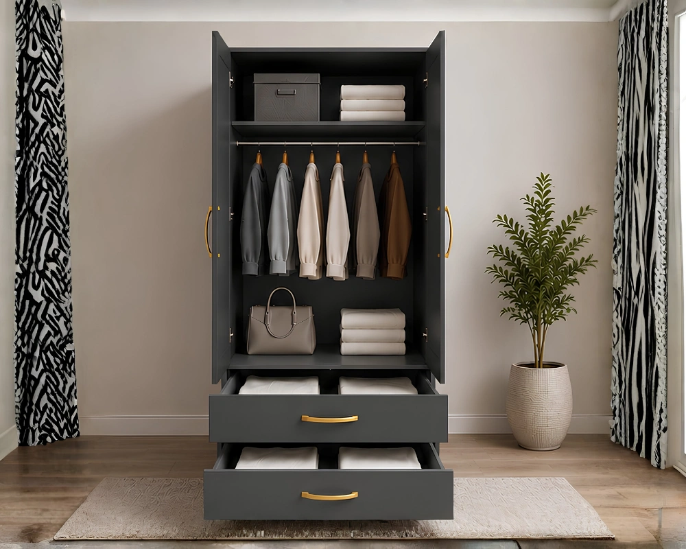 Bedroom Storage Wardrobe with Half Mirror Design - Smart Storage Two Door Wardrobe with Mirrors - Image 4