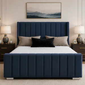 Luxury Wingback Double Bed Frame – 160 x 200 cm – Modern Panel Wingback Double Bed with Mattress