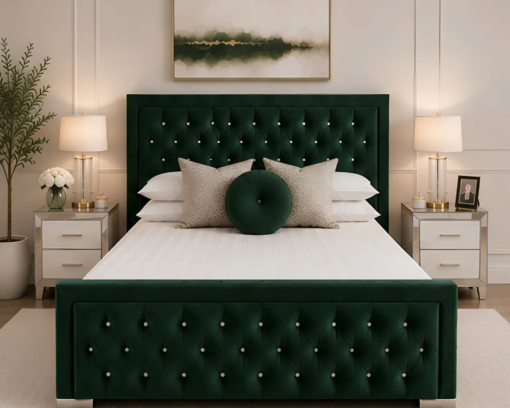 Rich Green Hilton King Bed with Mattress – Stylish Padded Headboard Design - Image 2