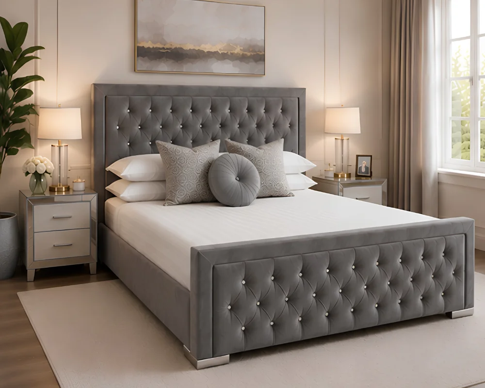 Modern Grey Hilton Upholstered Bed with mattress – Premium 160×200 cm Double Bed with Mattress - Image 3