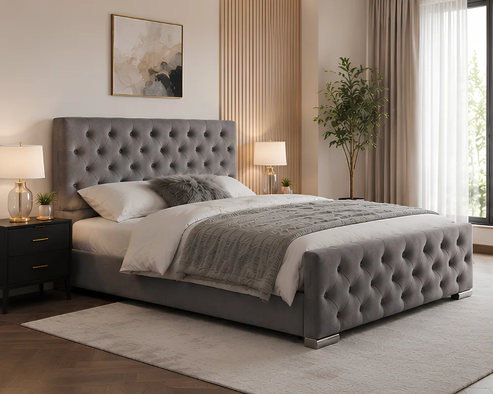 Contemporary Grey Velvet Bed with mattress – Diamond Button Tufted Double Bed Frame - Image 4