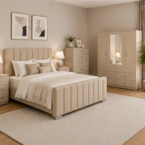Premium Bedroom Set - King Size Bed - 4 Door Mirror Wardrobe - Five Drawer Chest - Bedside Table Pair