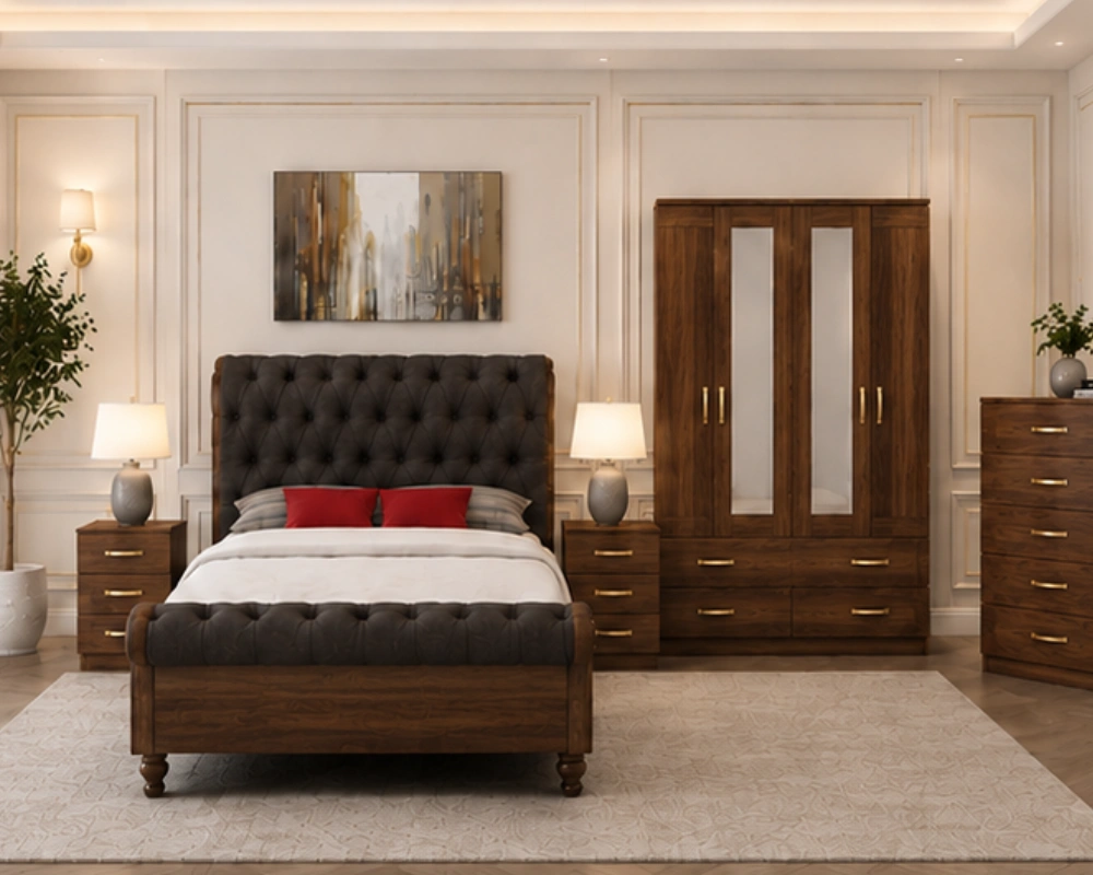 Classic King Size Bed Furniture Set - four Door Wardrobe With Four Drawer - Chest of Five Drawers With Two Bed Side Table
