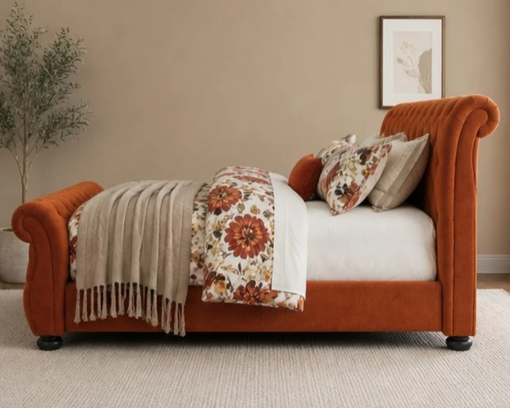 Contemporary Orange Velvet Sleigh Bed - Double 4ft6 Bed Frame with mattress - Image 2