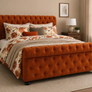 Luxury Orange King Size Sleigh Bed (5ft) – Button Tufted Bed Frame with mattress