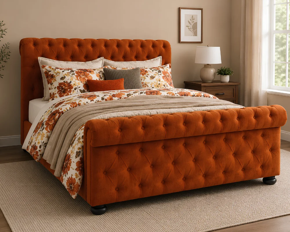 Luxury Orange King Size Sleigh Bed (5ft) – Button Tufted Bed Frame with mattress