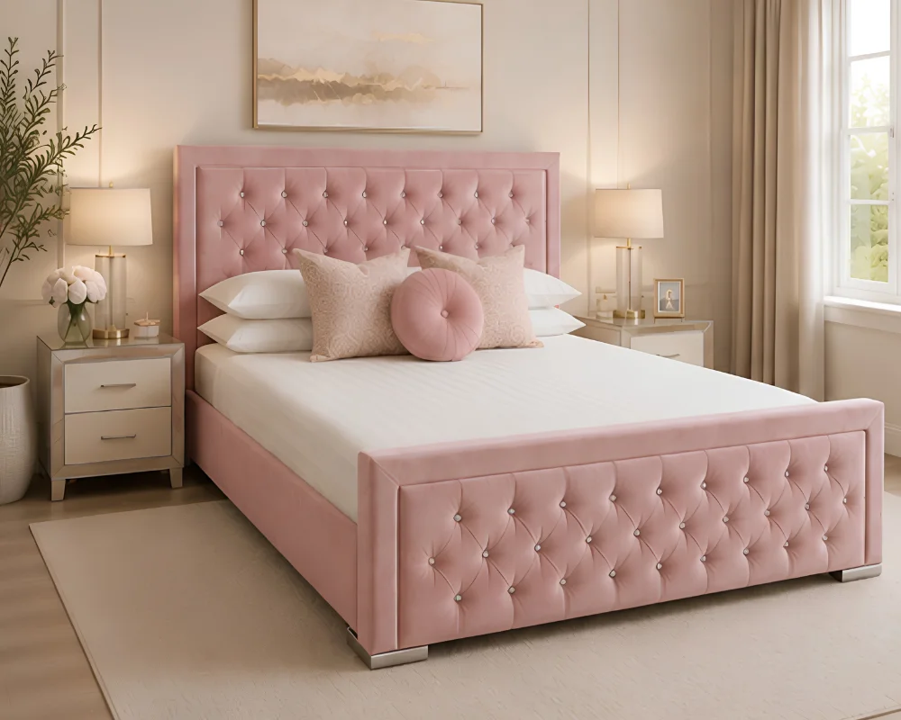 Dusty Pink Hilton 6ft Bed with Mattress – 200 × 200 cm Stylish Padded Headboard - Image 3