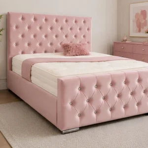 Dusty Pink Florida 5ft King Bed with Mattress – 180 × 200 cm Premium Upholstery