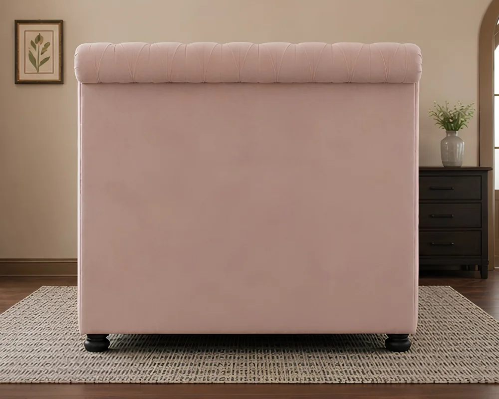 Designer Blush Pink Upholstered Sleigh King Bed - Premium Bed Frame with mattress - Image 5