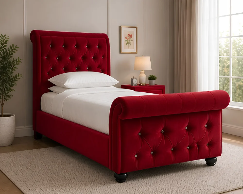 Elegant Red Upholstered Sleigh Single Bed with mattress – 90 × 190 cm - Image 4