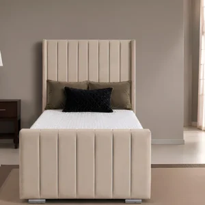 Beige Panel Single Bed – 3ft Single Size Wingback Single Bed – Modern Panel Design
