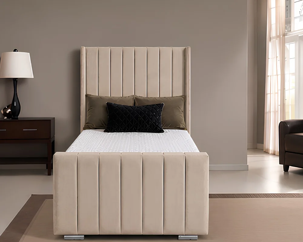 Beige Panel Single Bed – 3ft Single Size Wingback Single Bed – Modern Panel Design