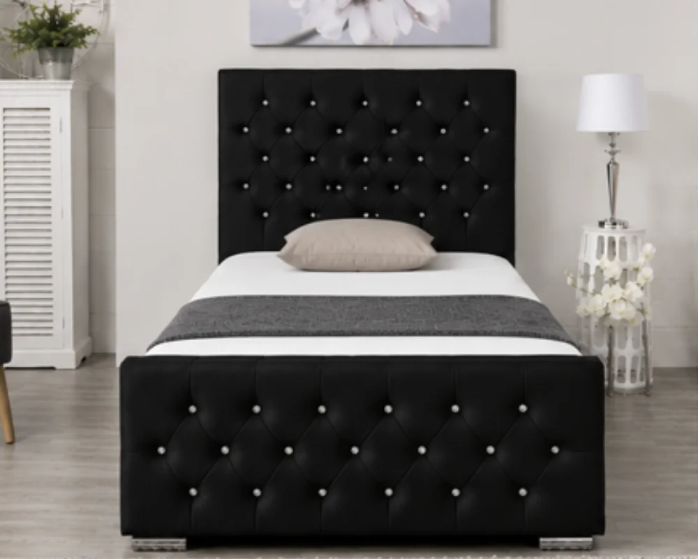 Classic Black Luxury Single Bed Frame - Florida 3ft Velvet Bed with mattress