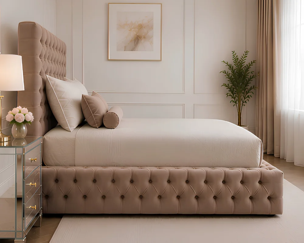Stylish Cream Button-Tufted Double Bed with Mattress - Image 4