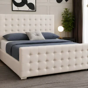 Elegant Ivory Florida King Size Bed with Mattress – 180 × 200 cm 5ft Upholstered Frame