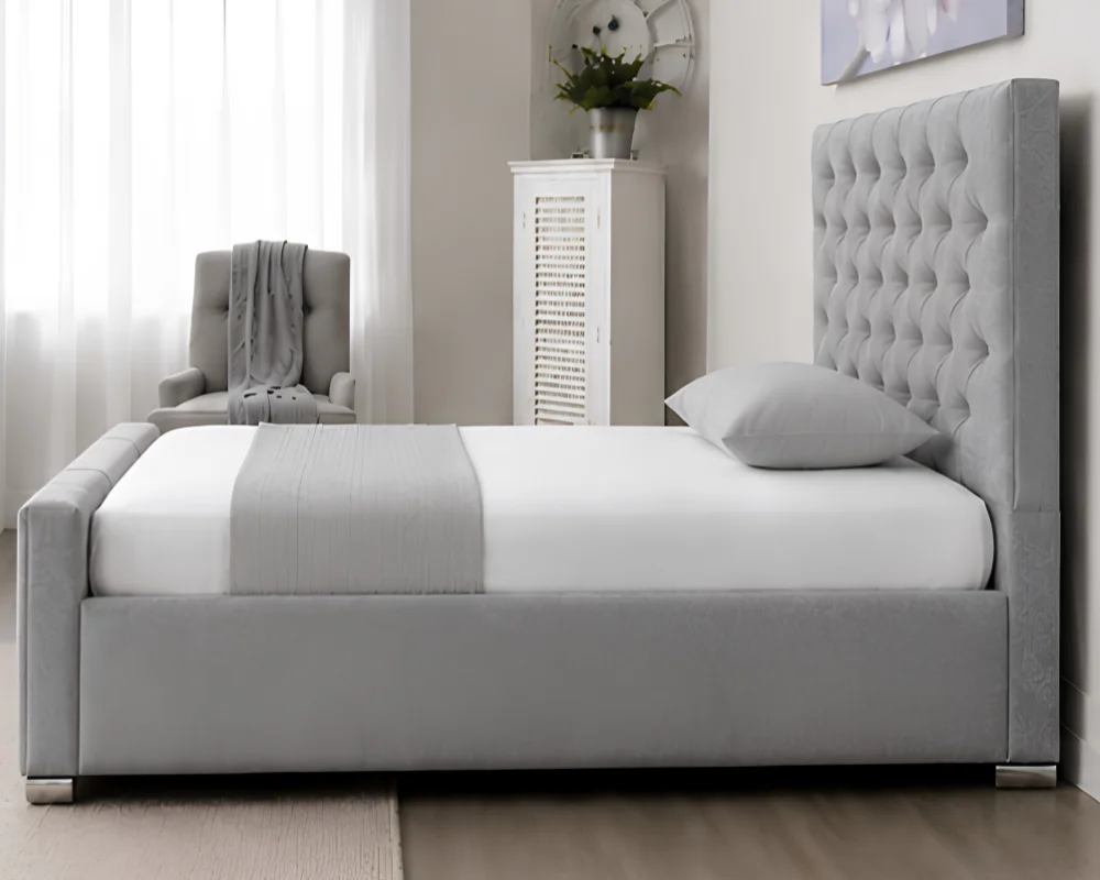 Light Grey Chesterfield Style Single Bed - Velvet Upholstered Bed Frame with mattress - Image 4