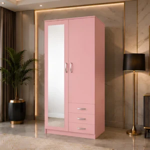 Pink 2 Door Wardrobe with Mirror & 3 Drawers - Modern Wooden Bedroom Storage